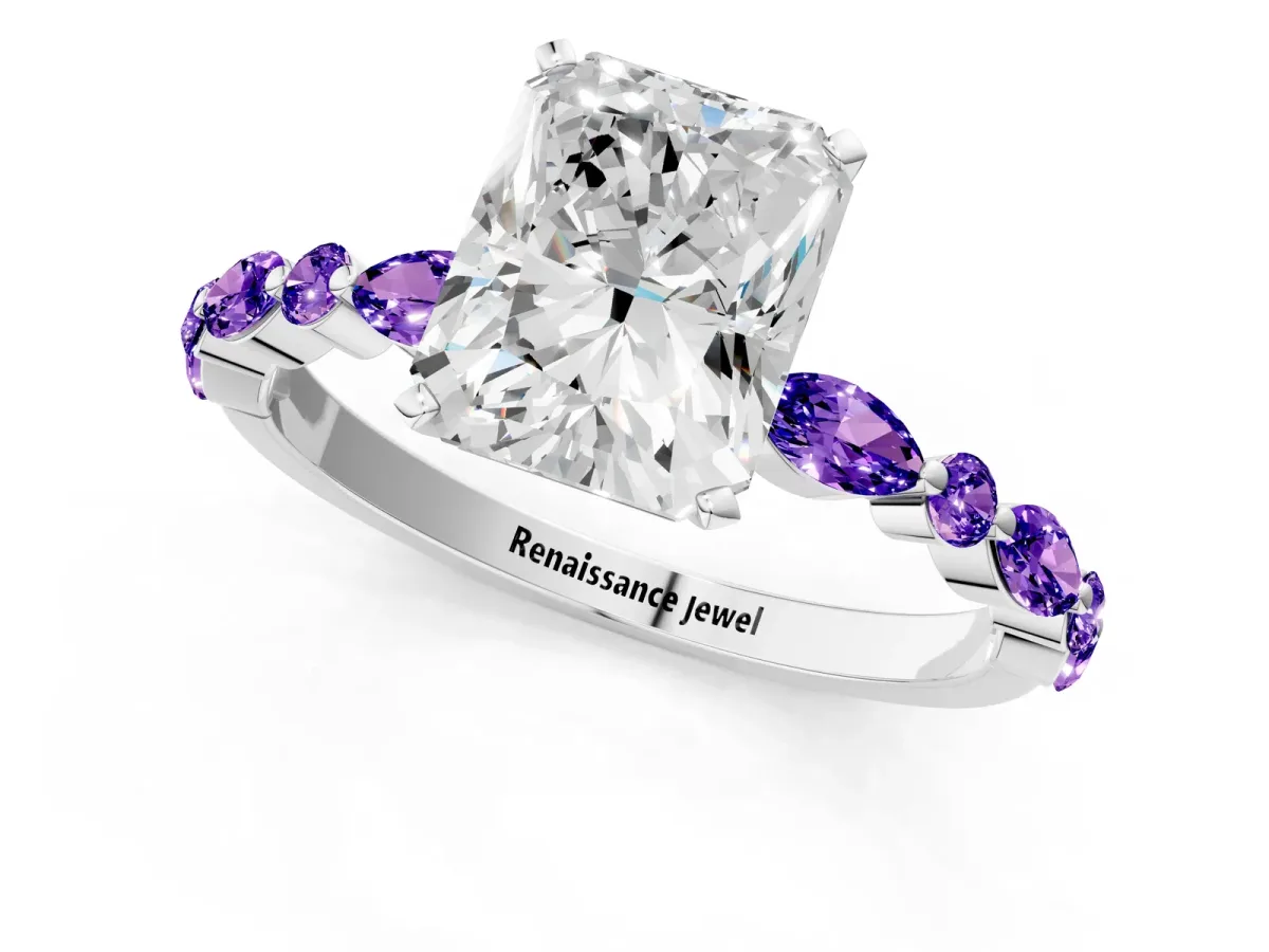 Radiant Cut Diamond Ring with Marquise and Round Tanzanite Side Stones and Four-Prong Setting White gold