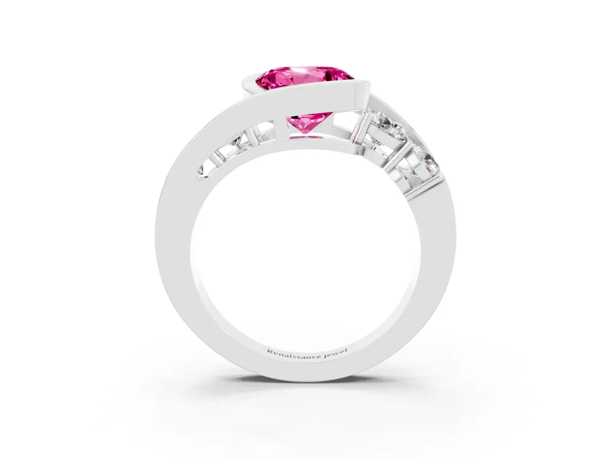 Bezel Set Round Cut Pink Sapphire Bypass Ring with Round Accents Silver