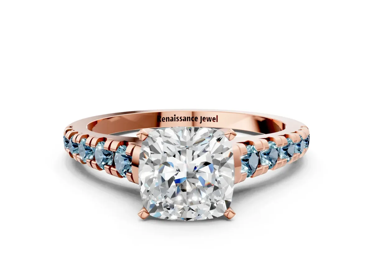 Cushion Cut Diamond Cathedral Solitaire Ring with Round Aquamarine Pavé Band Rose gold