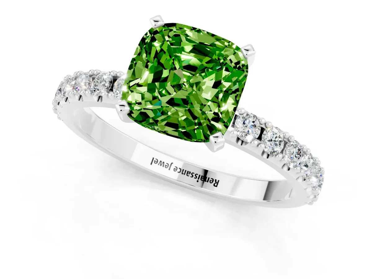 Cushion Cut Peridot Solitaire Pavé Band with Four-Prong Setting Silver