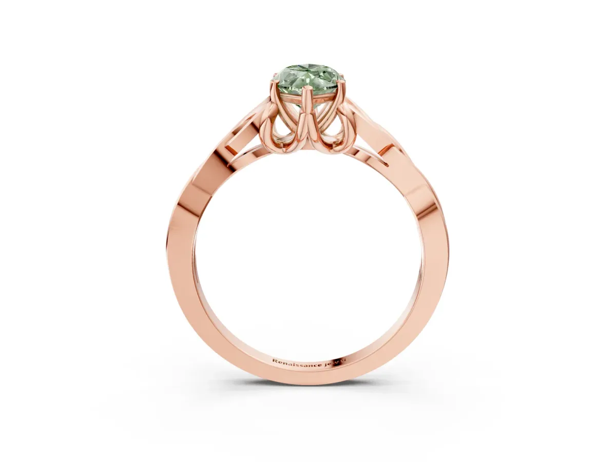 Fancy Green Marquise Cut Diamond Solitaire Engagement Ring with Celtic Knot Band and Four-Prong Setting Rose gold
