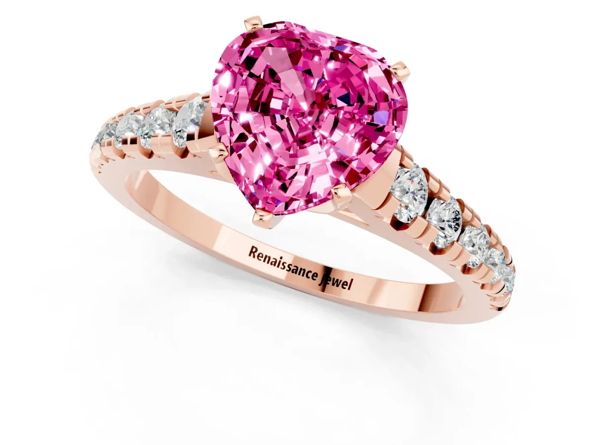 Heart Cut Pink Sapphire Cathedral Solitaire Ring with Round Pavé Band Rose gold