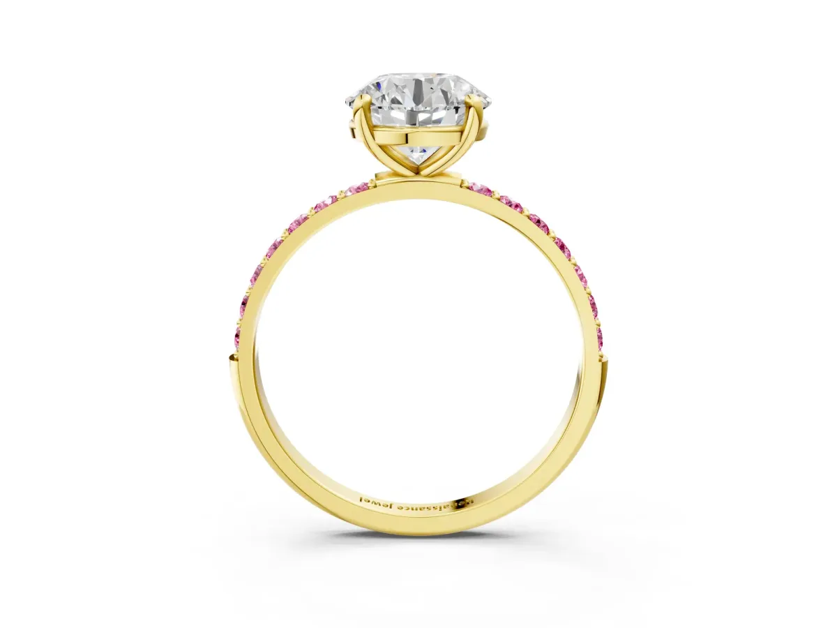 Round Cut Diamond Solitaire Ring with Round Pink Sapphire Pavé Band and Prong Setting Yellow gold
