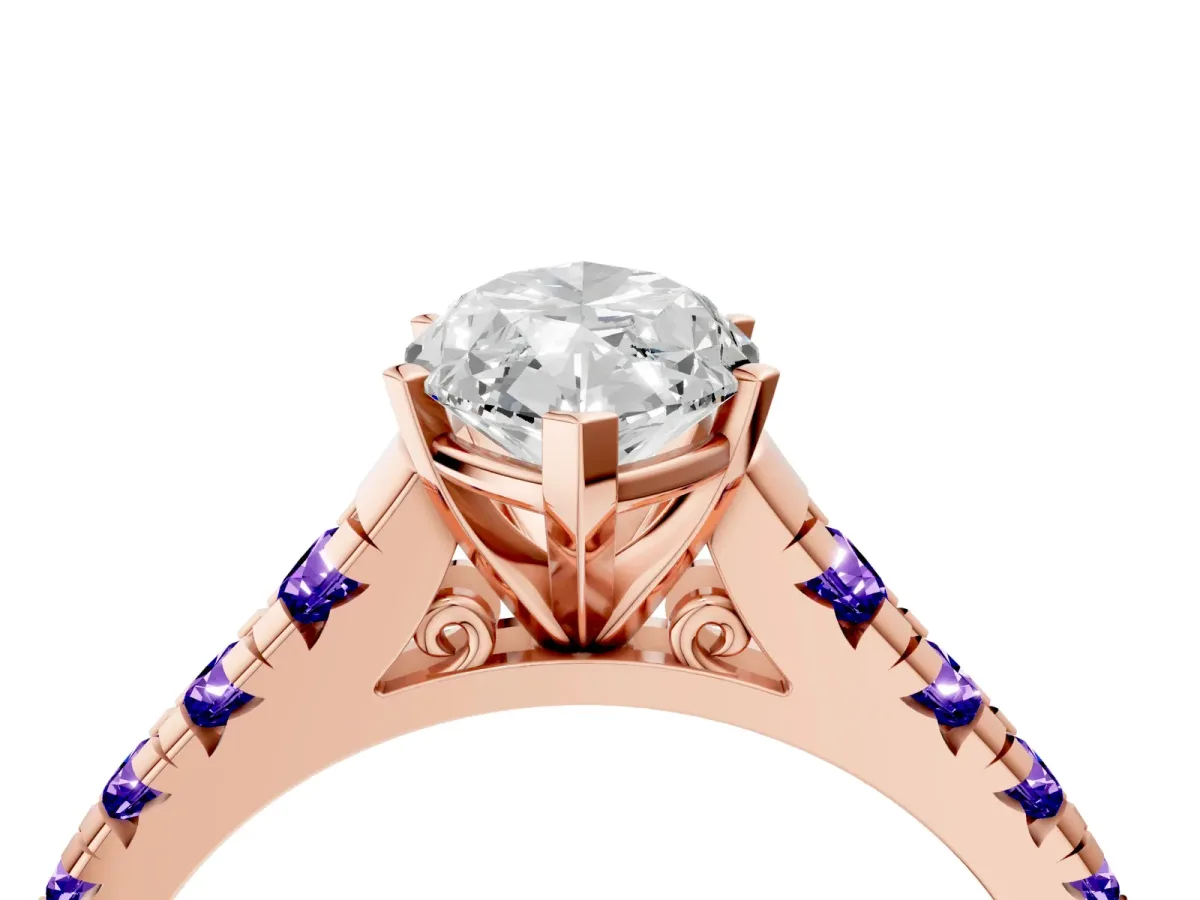 Marquise Cut Diamond Cathedral Solitaire Ring with Round Tanzanite Pavé Band Rose gold