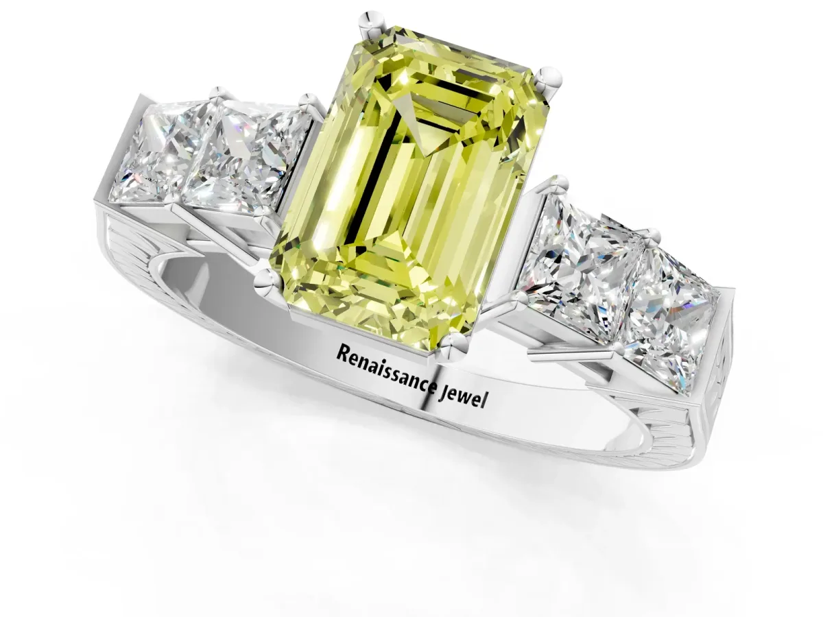 Fancy Yellow Emerald Cut Solitaire Princess Side Stone Engraved Band Prong Setting Ring Silver