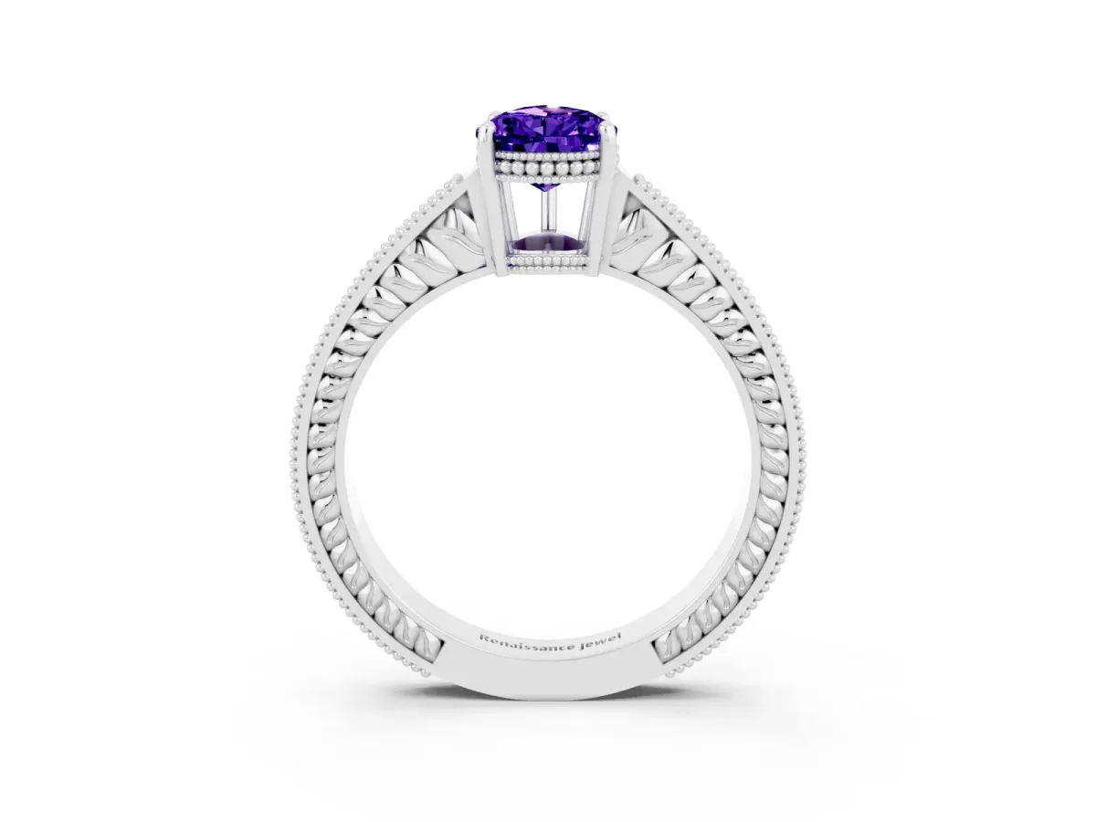 Pear Cut Tanzanite Ring with Milgrain Pavé Band and Four-Prong Setting Platinum