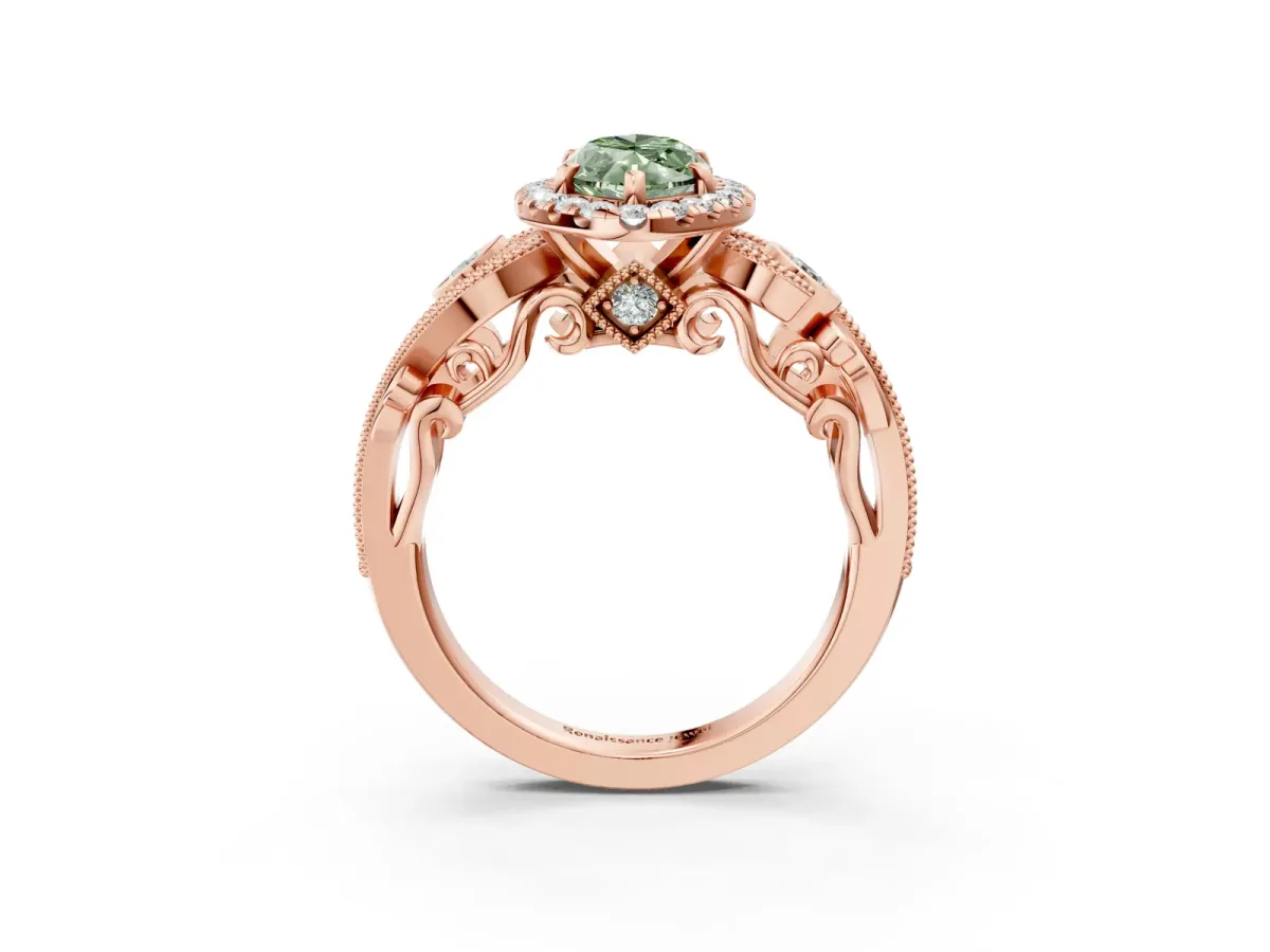 Fancy Green Marquise Cut Diamond Halo Ring with Milgrain Pavé Band and Four-Prong Setting Rose gold