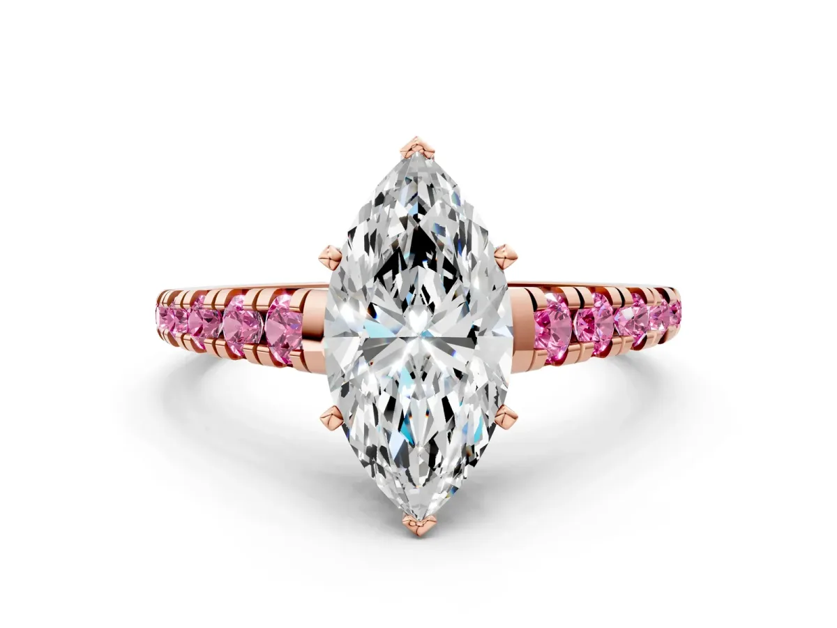 Marquise Cut Diamond Cathedral Solitaire Ring with Round Pink Sapphire Pavé Band Rose gold