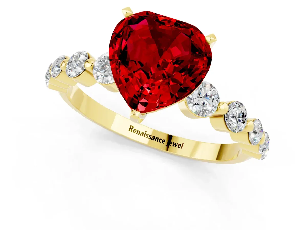 Heart Cut Solitaire Ruby Ring with Pave Band and Four-Prong Setting Yellow gold