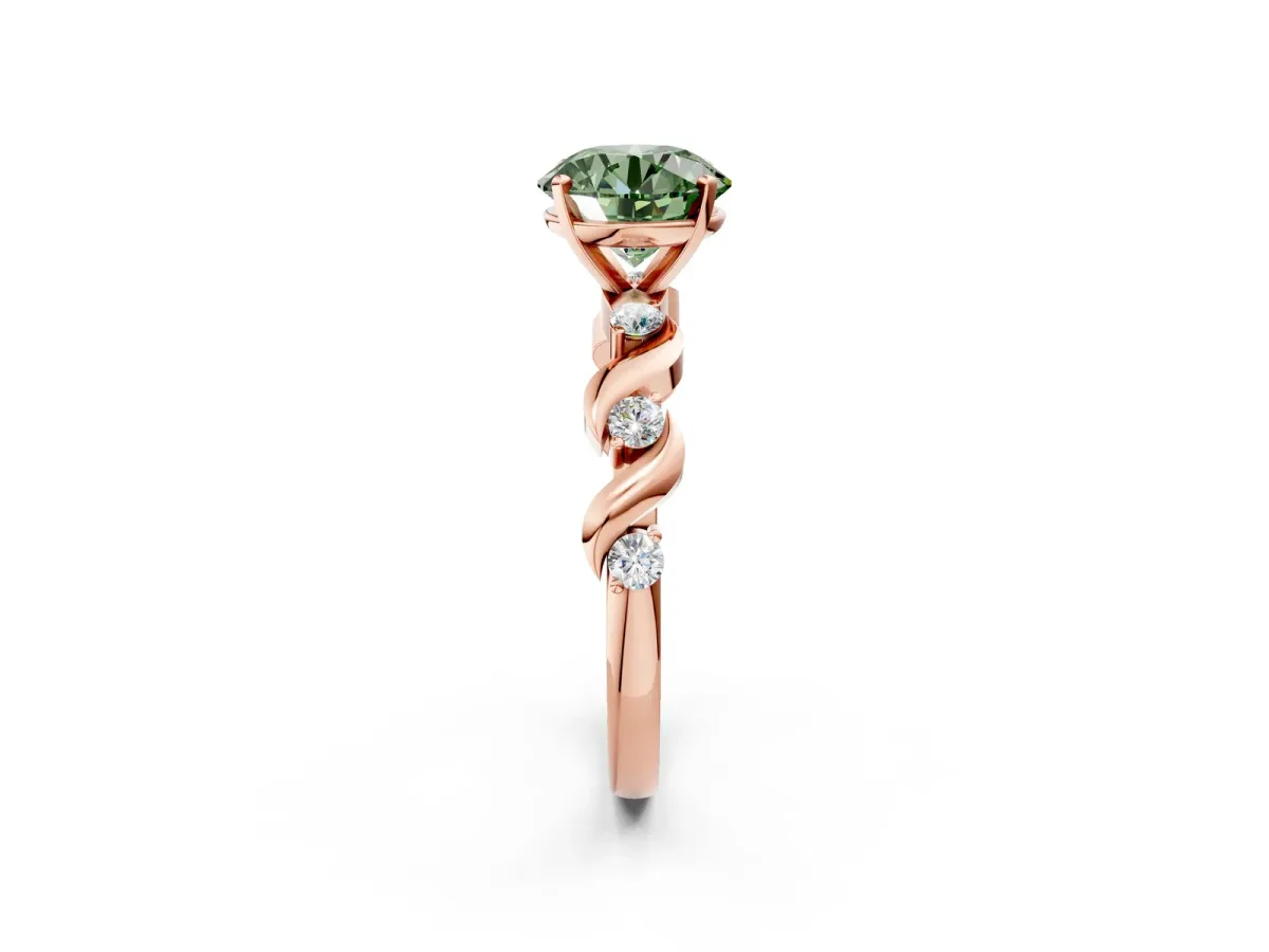 Fancy Green Asscher Cut Diamond Solitaire Twisted Band with Round Accents and Prong Setting Rose gold
