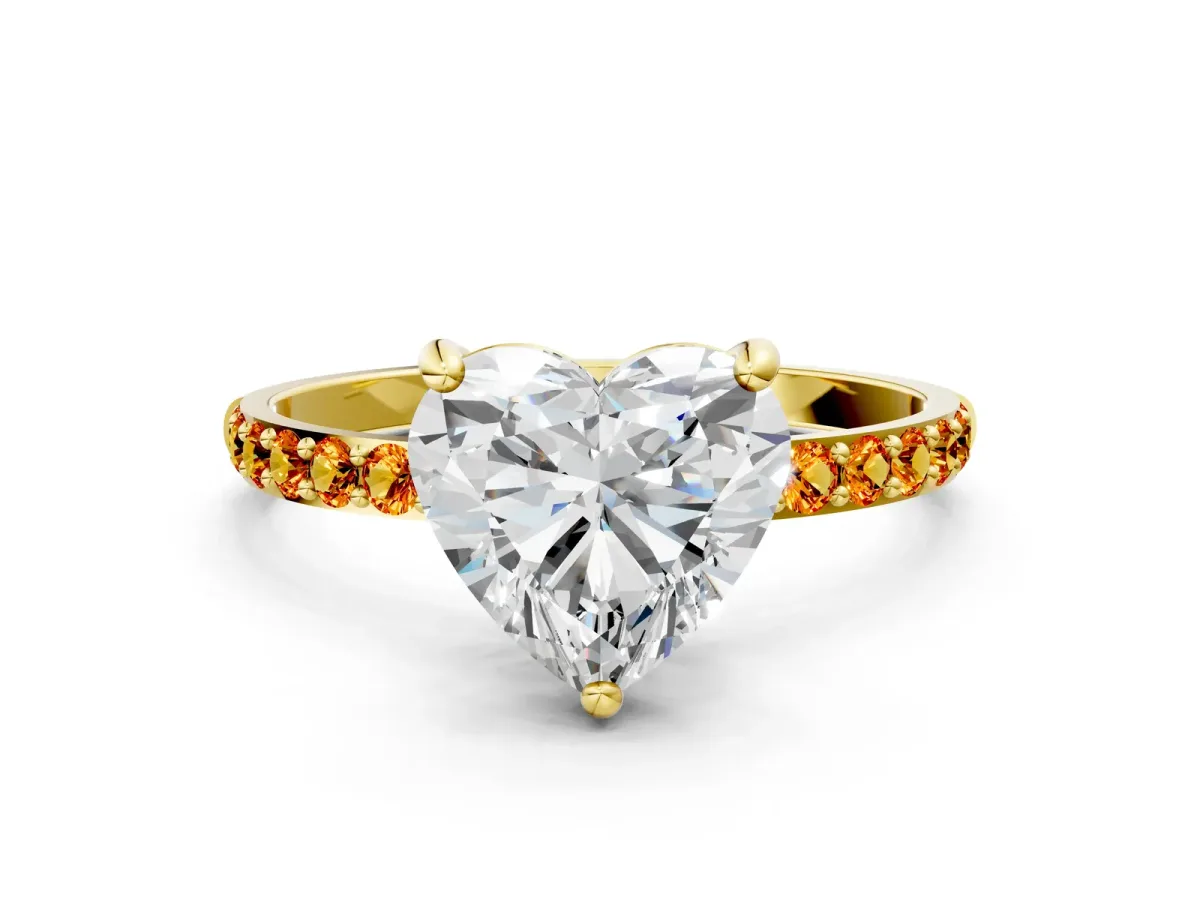 Heart Cut Diamond Solitaire Ring with Round Citrine Pavé Band and Prong Setting Yellow gold