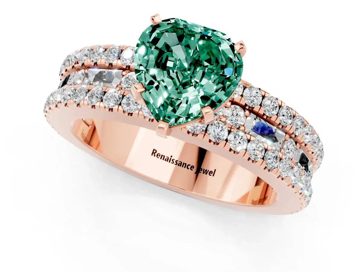 Heart Cut Green Sapphire Solitaire Ring with Pavé and Channel Set Band Rose gold