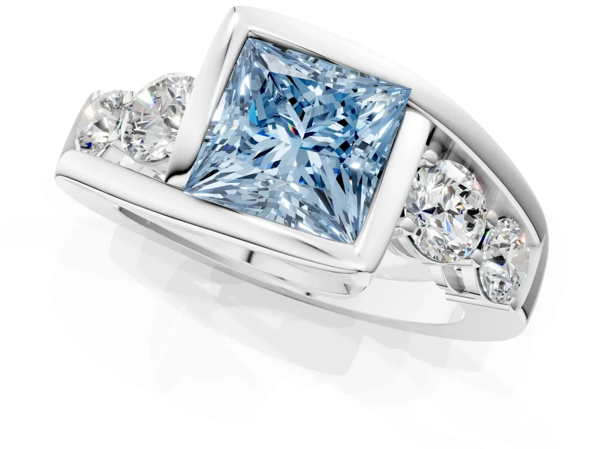 Fancy Blue Bezel Set Princess Cut Diamond Bypass Ring with Round Accents Silver