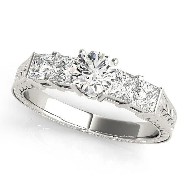 Pear Cut Solitaire Princess Side Stone Engraved Band Prong Setting Ring Silver