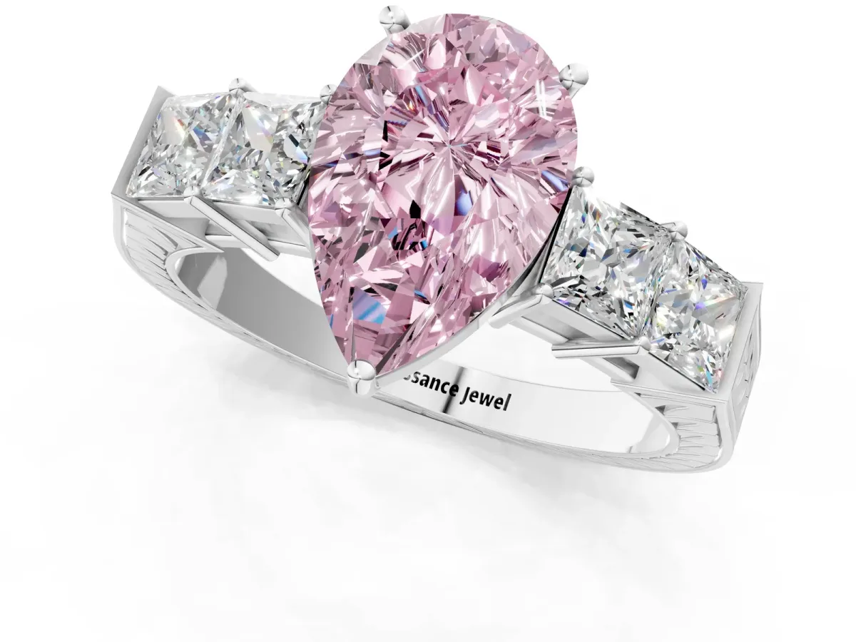 Fancy Pink Pear Cut Solitaire Princess Side Stone Engraved Band Prong Setting Ring Platinum