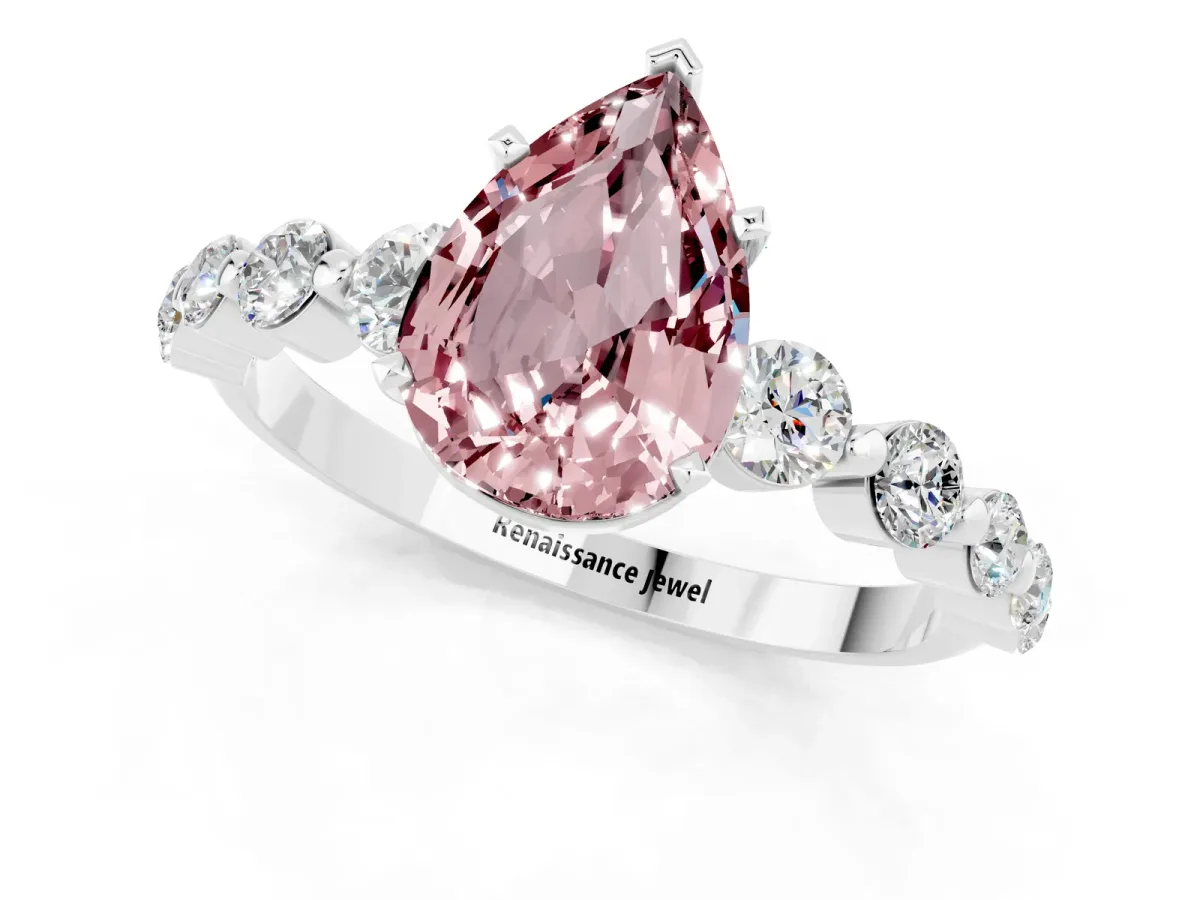 Pear Cut Solitaire Morganite Ring with Pave Band and Four-Prong Setting Platinum