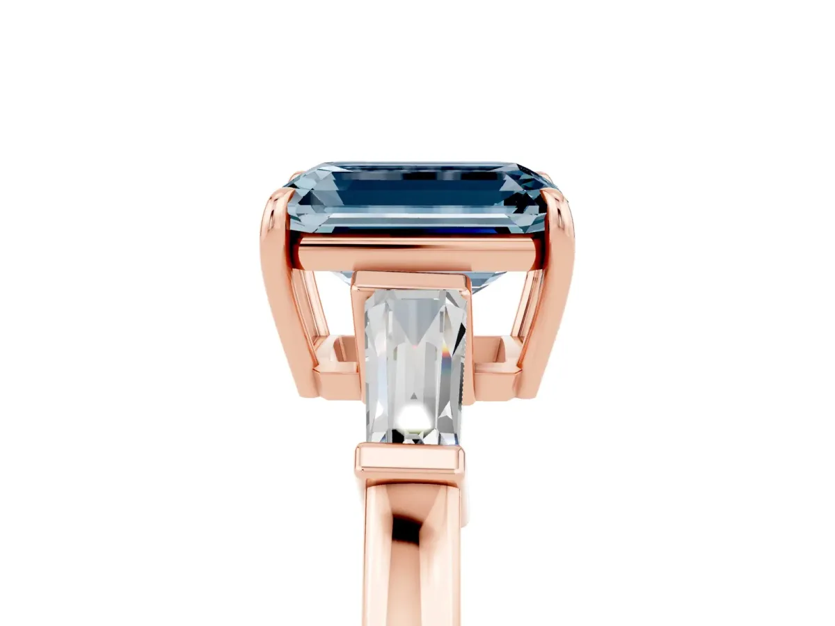 Emerald Cut Aquamarine Three-Stone Ring with Tapered Baguette Side Stones and Prong Setting Rose gold