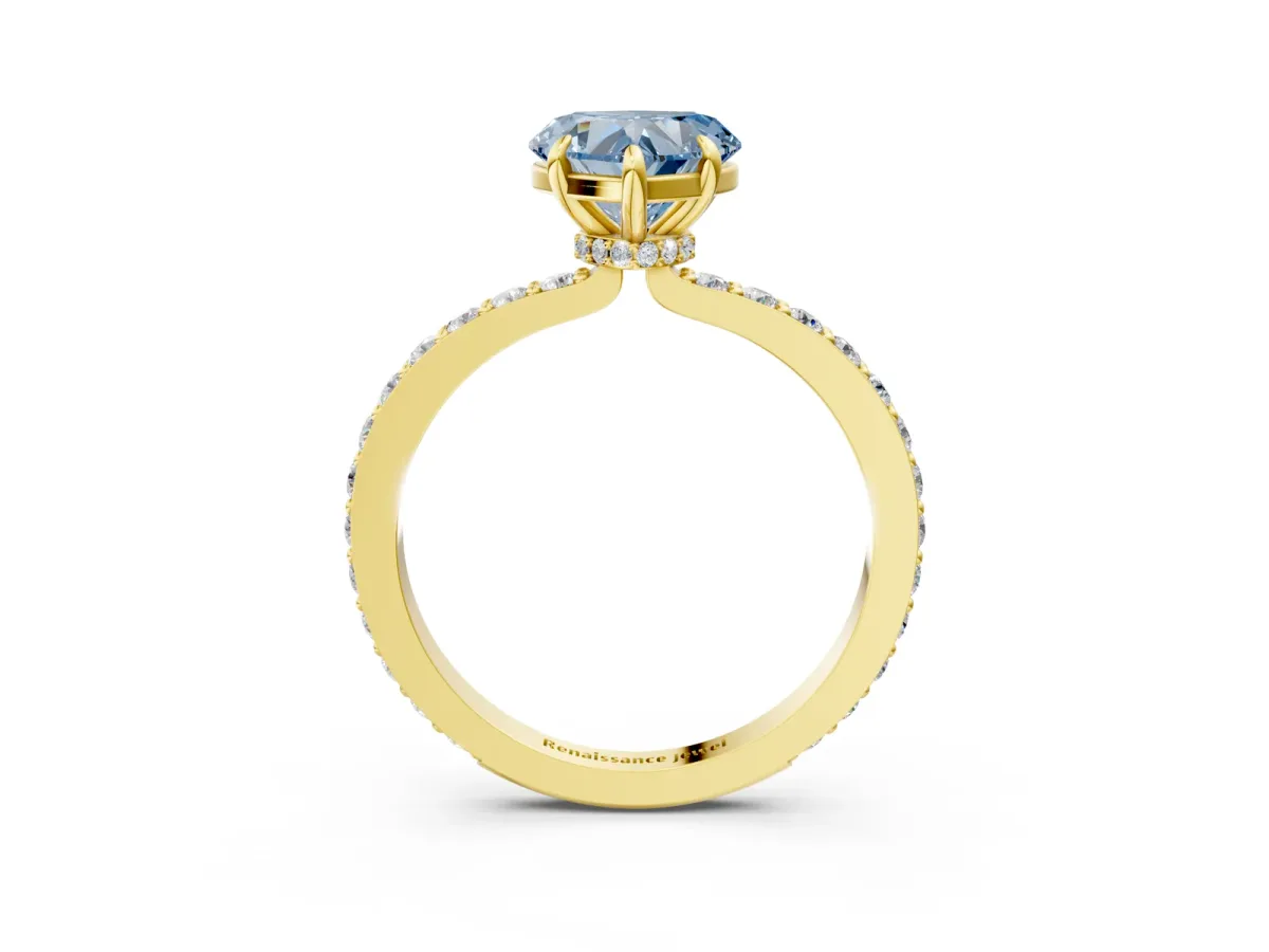 Fancy Blue Heart Cut Diamond Solitaire Engagement Ring with Pavé Band and Four-Prong Setting Yellow gold