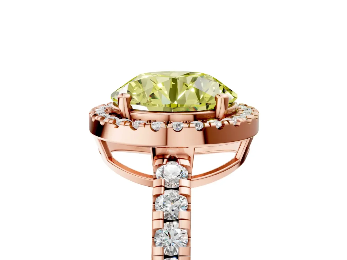 Fancy Yellow Round Cut Diamond Halo Ring with Pavé Band and Four-Prong Setting Rose gold