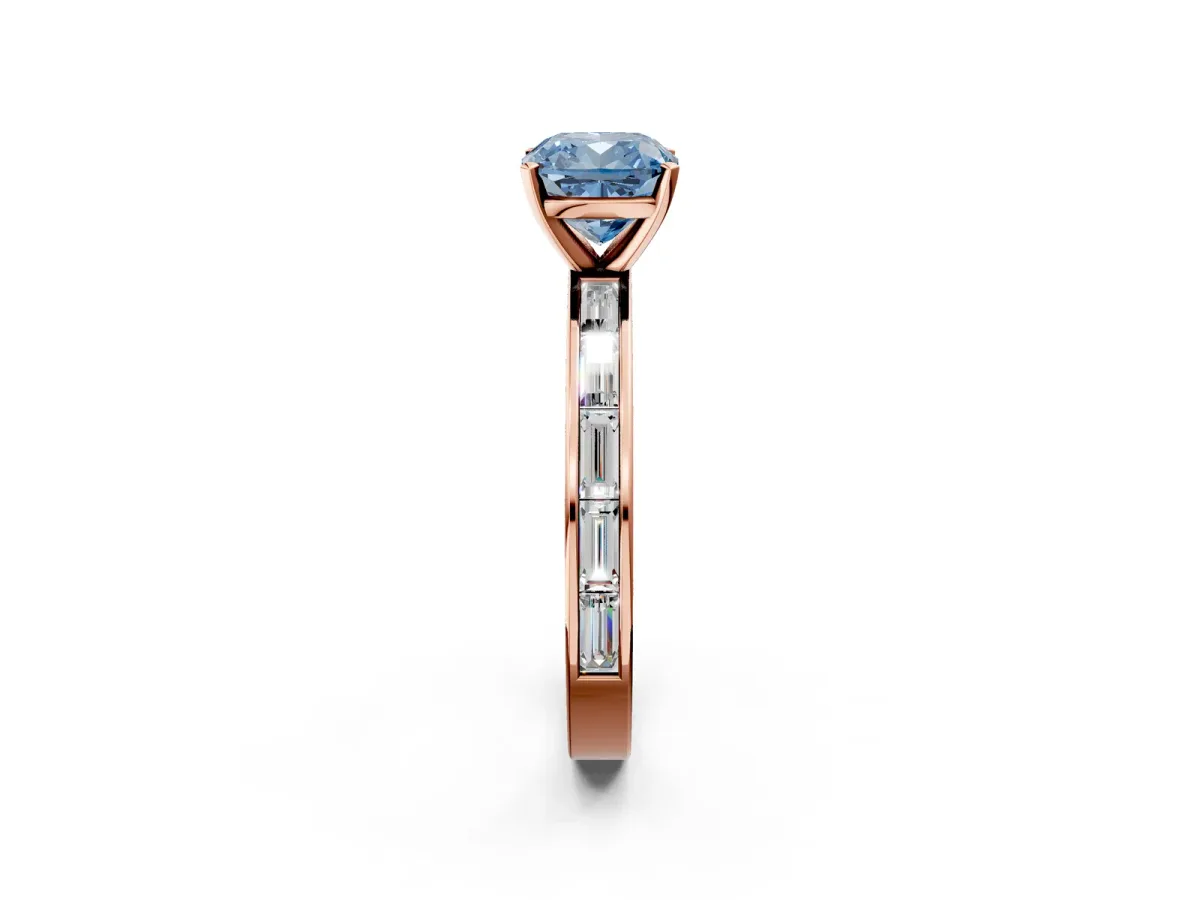 Fancy Blue Cushion Cut Solitaire Diamond Ring with Channel-Set Baguette Band and Four-Prong Setting Rose gold