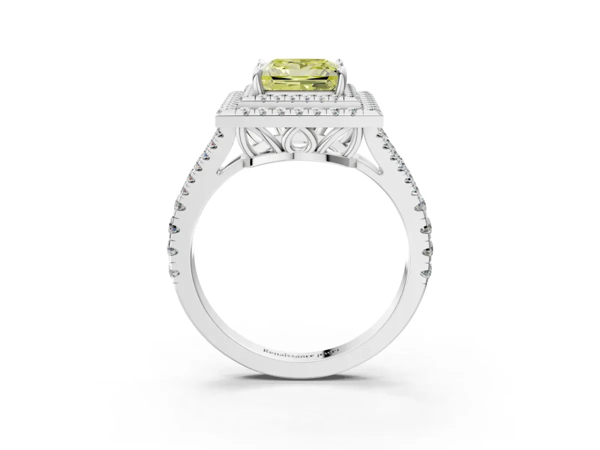 Fancy Yellow Princess Cut Diamond Double Halo Ring with Pavé Band and Prong Setting White gold