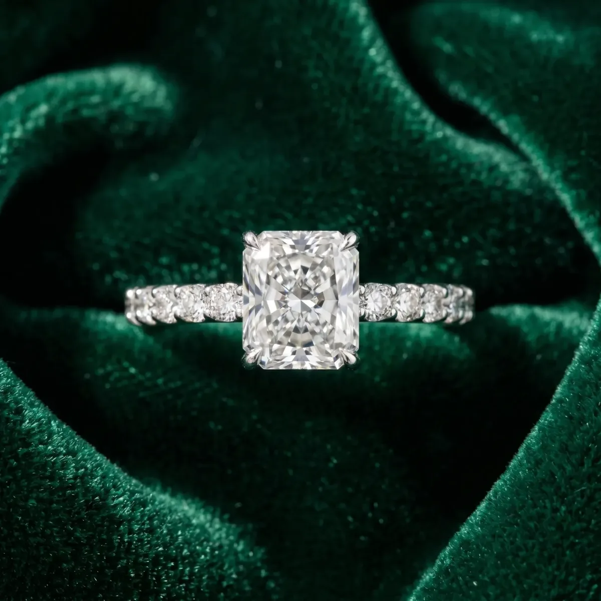 Radiant Cut Cut Diamond Solitaire Ring with U-Prong Diamond Band and Four Prong Setting Silver
