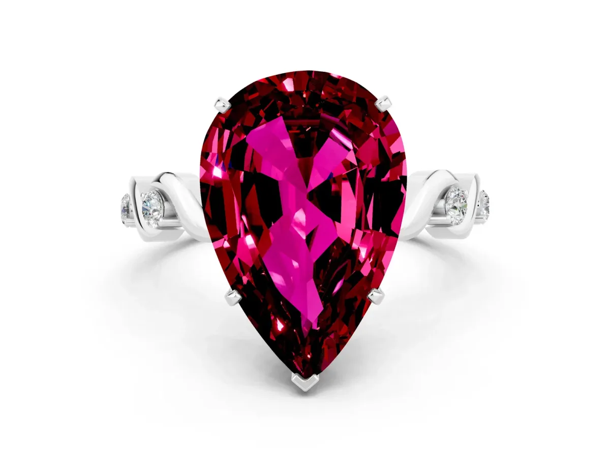 Pear Cut Garnet Solitaire Twisted Band with Round Accents and Prong Setting Silver