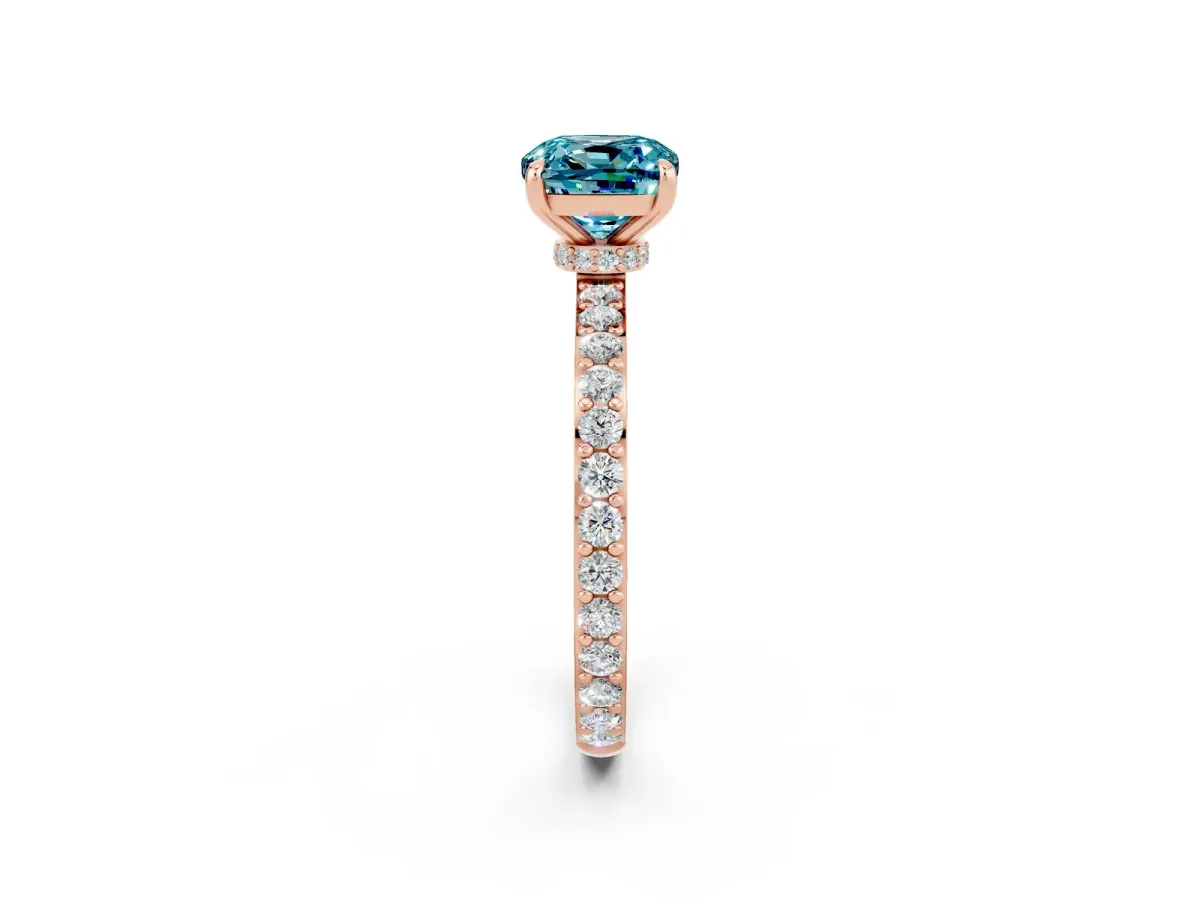 Cushion Cut Blue Topaz Solitaire Engagement Ring with Pavé Band and Four-Prong Setting Rose gold