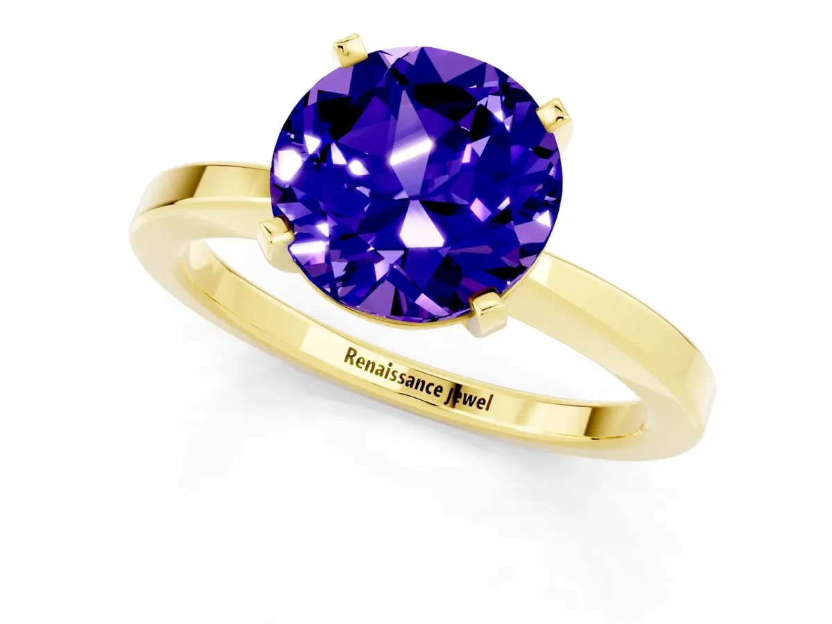 Round Cut Tanzanite Solitaire Engagement Ring with Classic Band and Four-Prong Setting Yellow gold