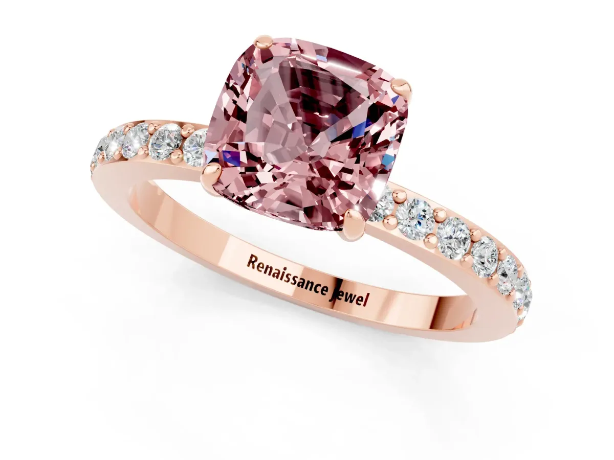 Cushion Cut Morganite Solitaire Engagement Ring with Pavé Band and Four-Prong Setting Rose gold