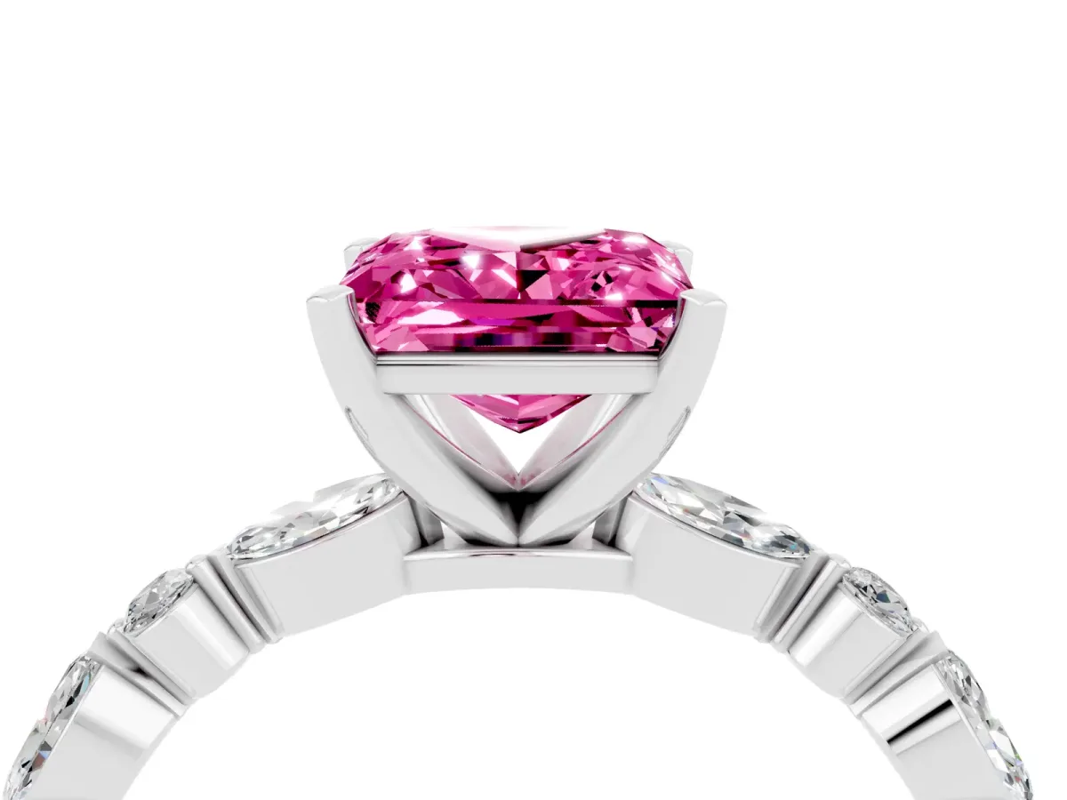 Princess Cut Pink Sapphire Ring with Marquise and Round Side Stones and Four-Prong Setting White gold