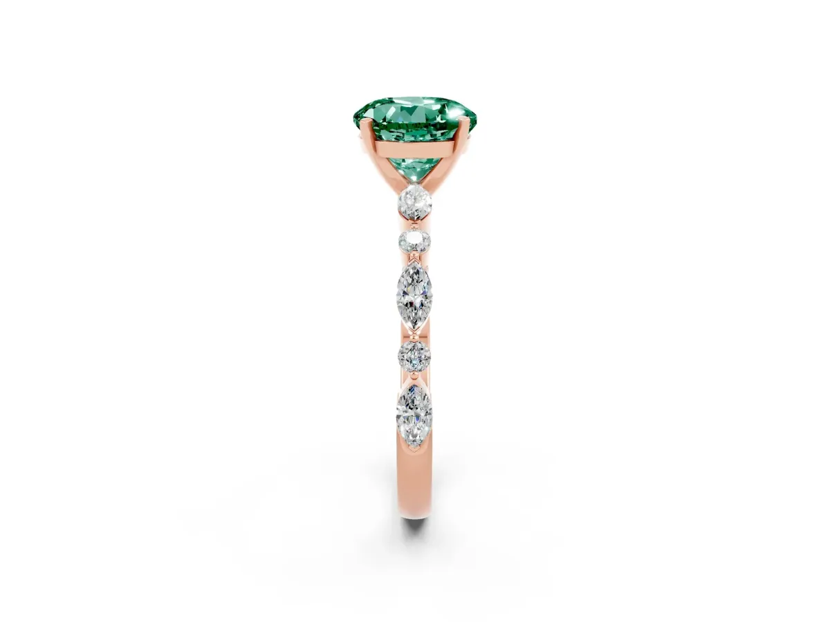 Round Cut Green Sapphire Ring with Marquise and Round Side Stones and Four-Prong Setting Rose gold