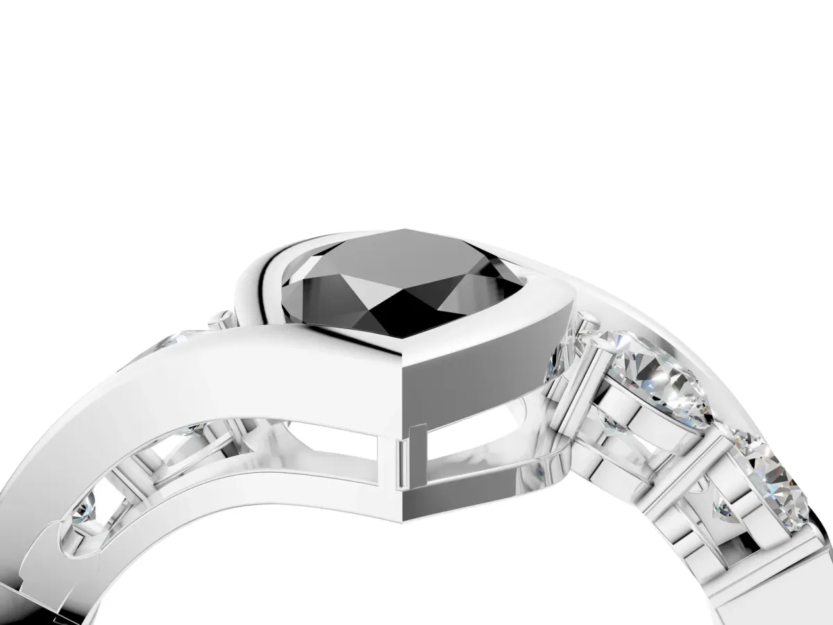 Fancy Black Bezel Set Marquise Cut Diamond Bypass Ring with Round Accents Silver