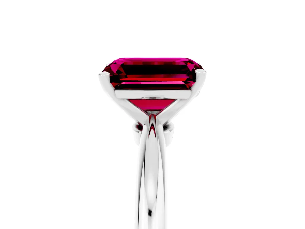 Emerald Cut Garnet Solitaire Ring with Six-Prong Setting and Classic Band Silver
