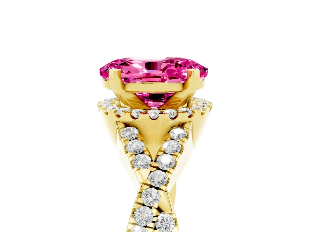 Oval Cut Pink Sapphire Halo Twist Band Solitaire Prong Setting Ring Yellow gold