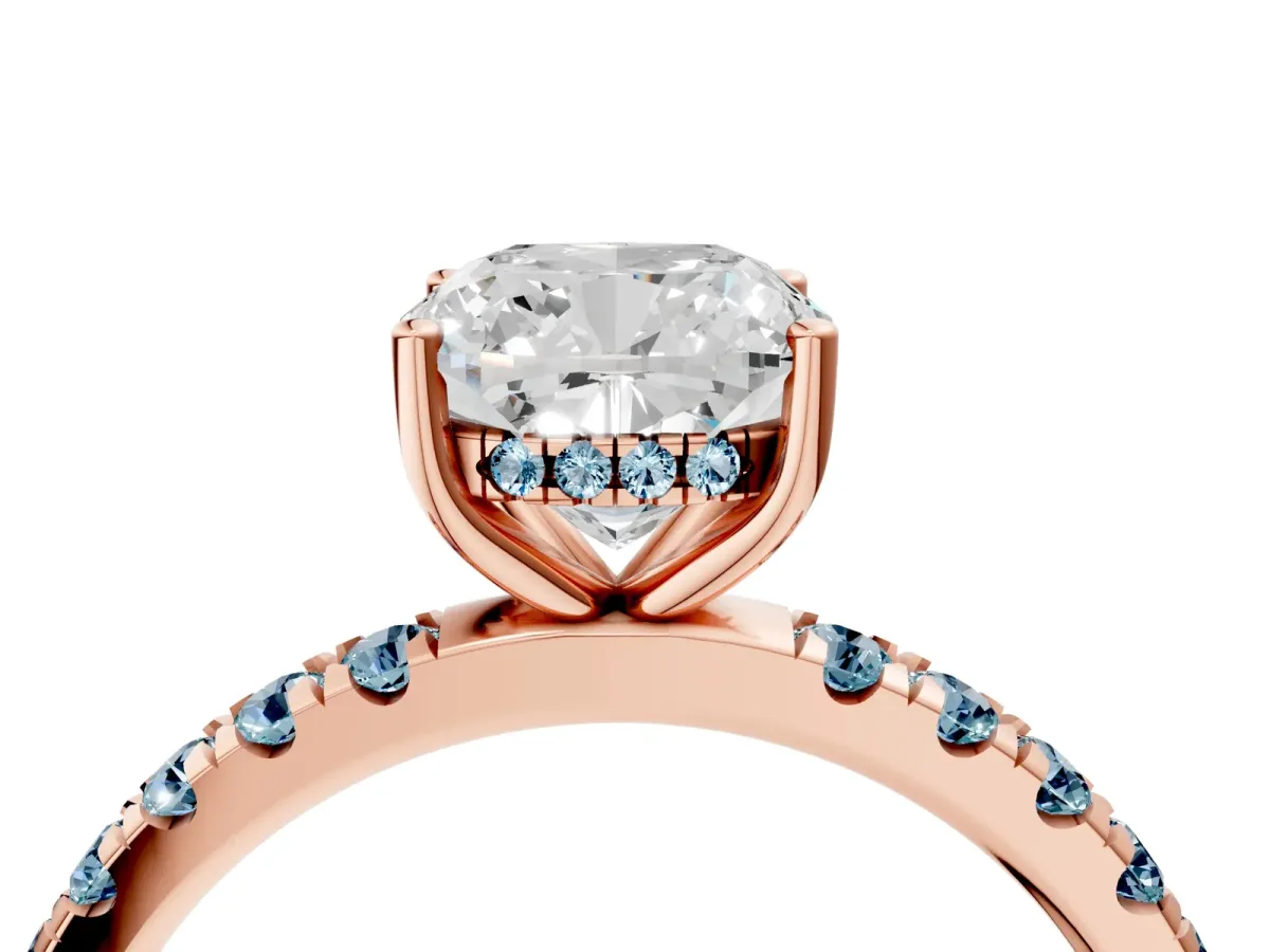 Cushion Cut Diamond Pave Band Solitaire Ring with Round Aquamarine and Prong Setting Rose gold