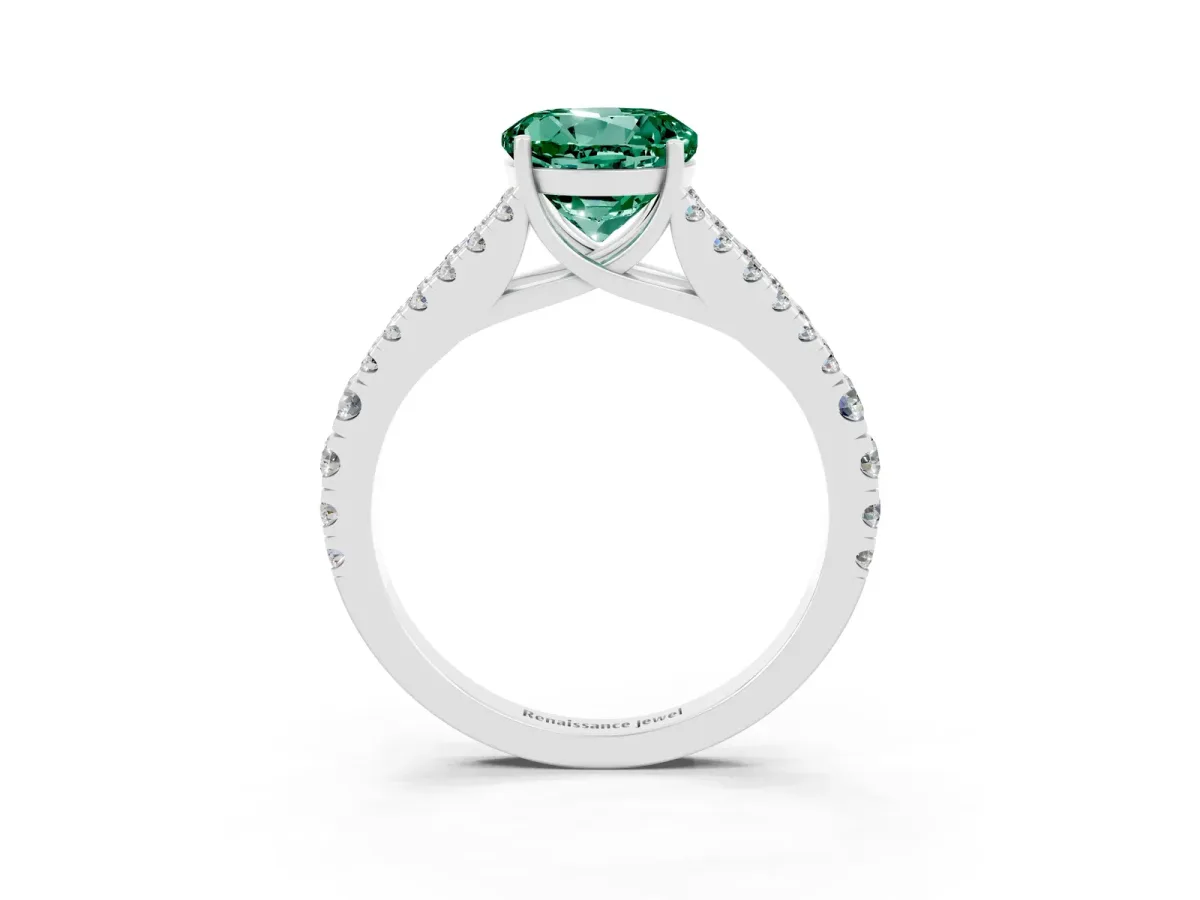 Round Cut Green Sapphire Split Shank Engagement Ring with Round Pavé and Prong Setting Platinum