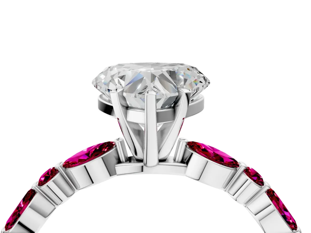 Heart Cut Diamond Ring with Marquise and Round Garnet Side Stones and Four-Prong Setting White gold