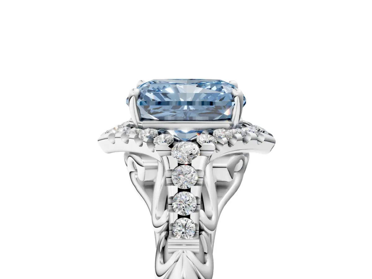 Fancy Blue Radiant Cut Diamond Solitaire Ring with Hidden Halo and Pavé Band White gold