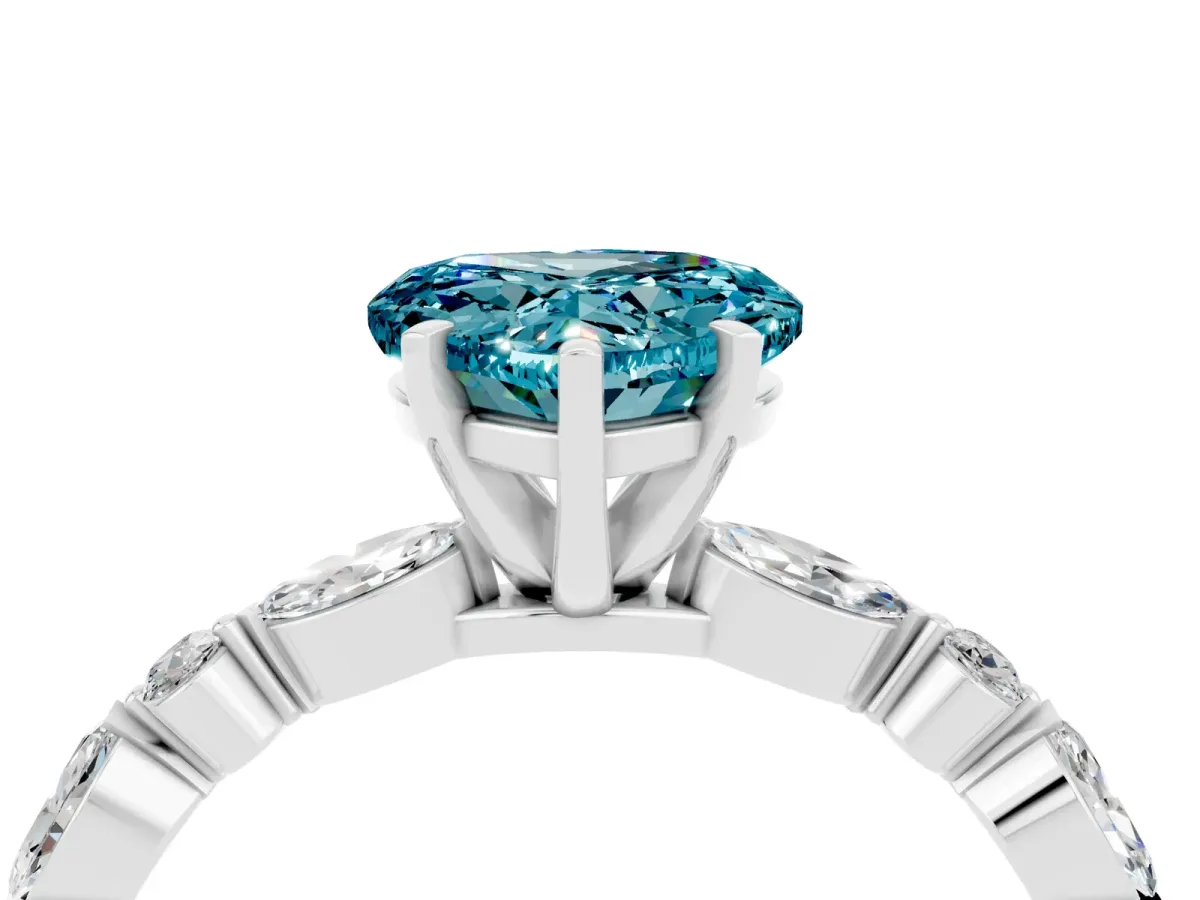 Heart Cut Blue Topaz Ring with Marquise and Round Side Stones and Four-Prong Setting White gold
