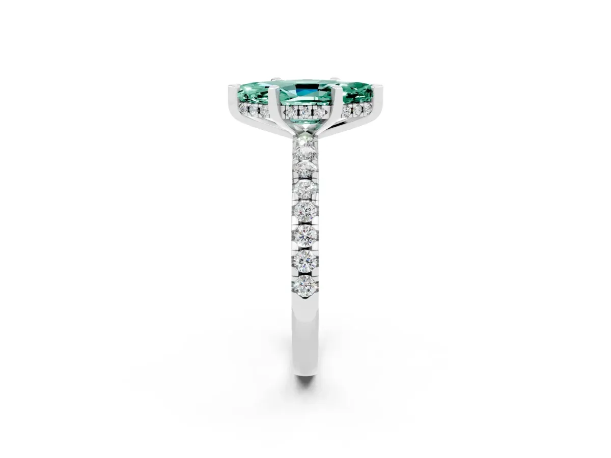 Marquise Cut Green Sapphire Solitaire Ring with Round Pavé Band and Four-Prong Setting White gold