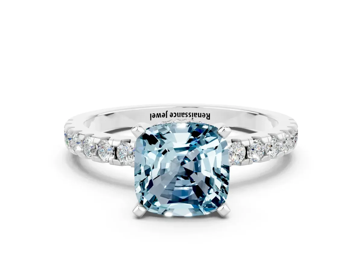 Cushion Cut Aquamarine Solitaire Ring with Round Pavé Band and Four-Prong Setting White gold
