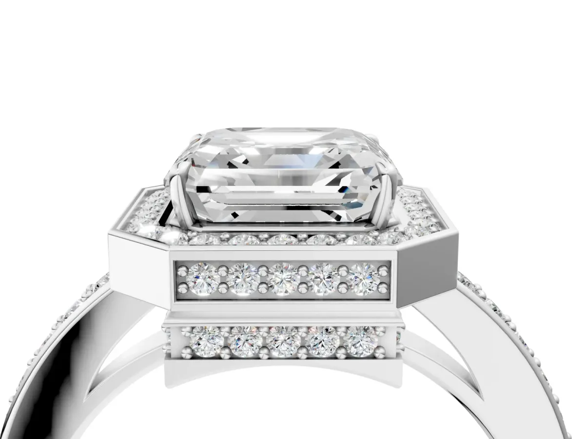 Asscher Cut Halo Pave Band Solitaire Ring with Prong Setting Platinum