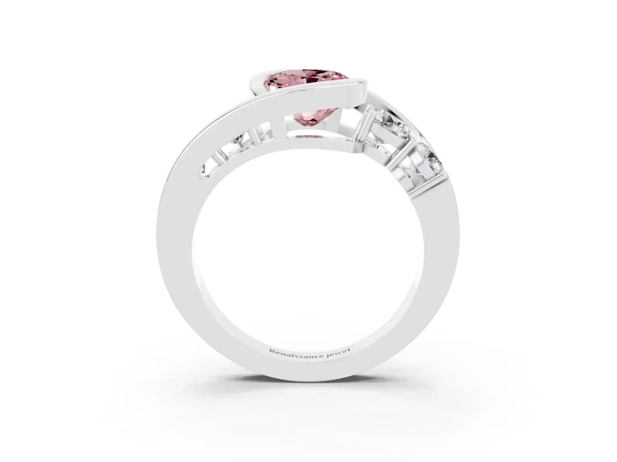 Bezel Set Oval Cut Morganite Bypass Ring with Round Accents Platinum