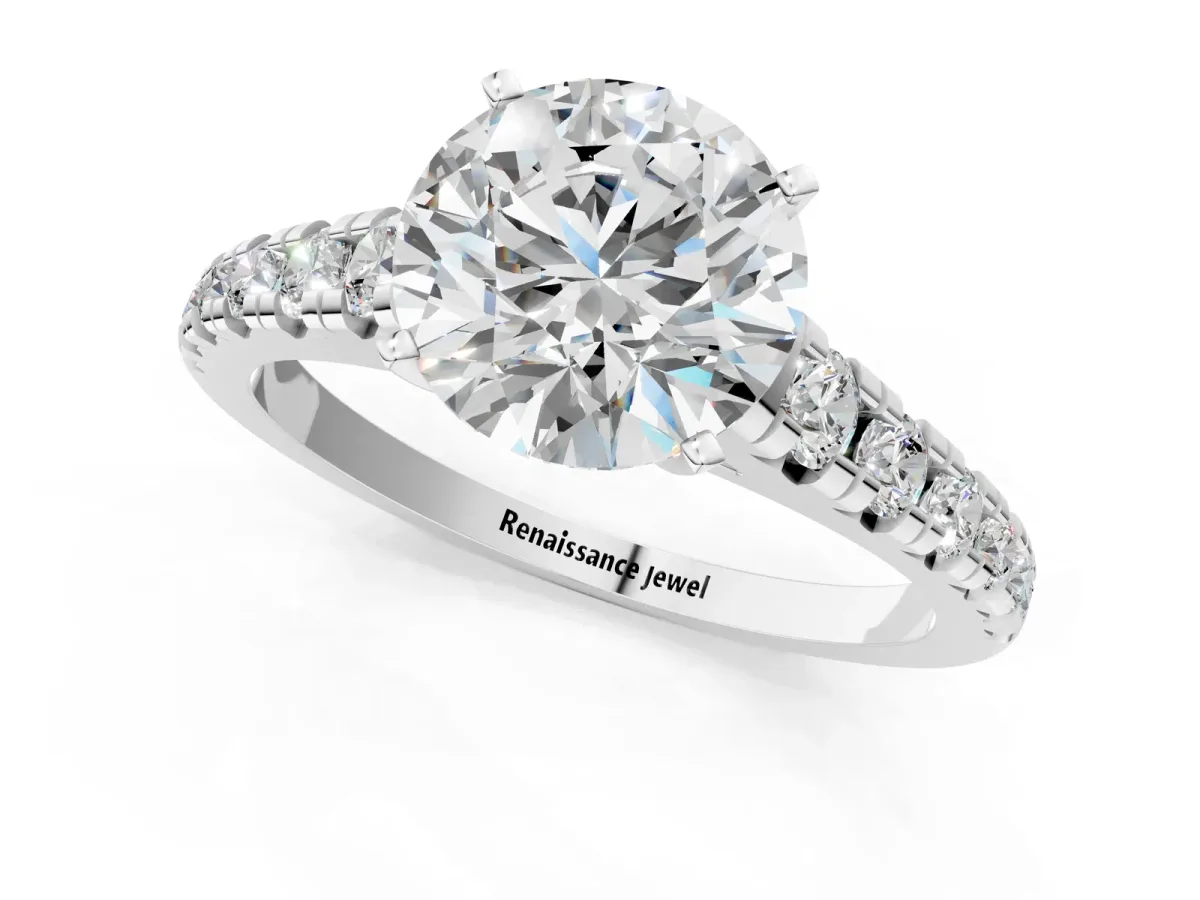 Round Cut Diamond Cathedral Solitaire Ring with Round Pavé Band White gold