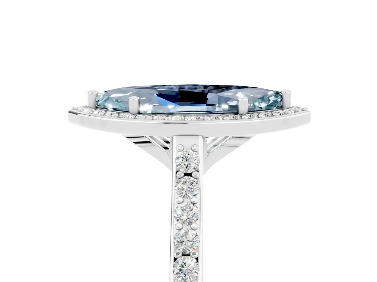 Marquise Cut Aquamarine Halo Engagement Ring with Round Pavé Shoulders and Prong Setting Silver