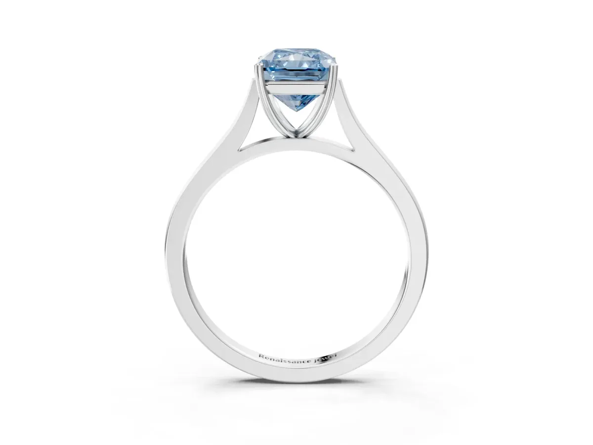 Fancy Blue Radiant Cut Solitaire Heart Prong Engagement Ring with Tapered Band Platinum