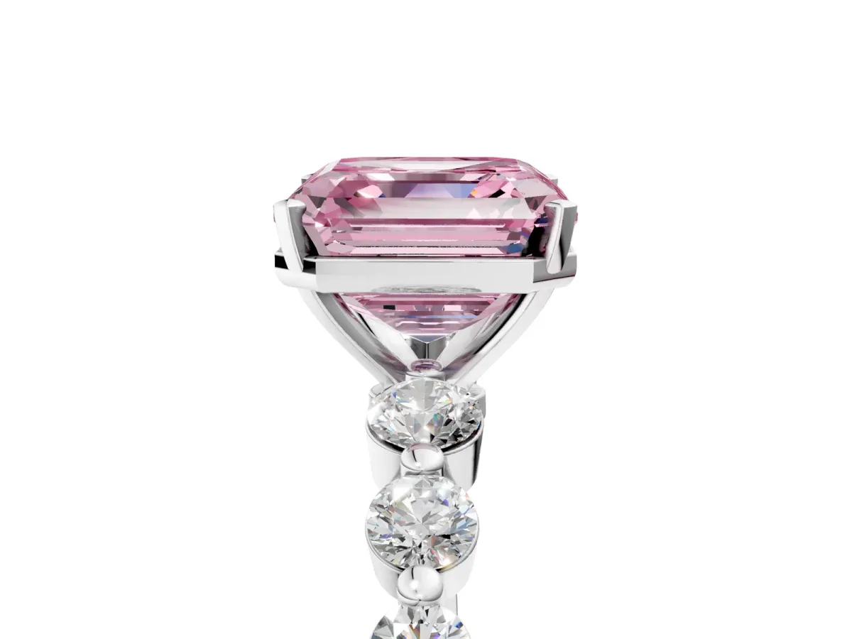 Fancy Pink Asscher Cut Solitaire Diamond Ring with Pave Band and Four-Prong Setting Platinum