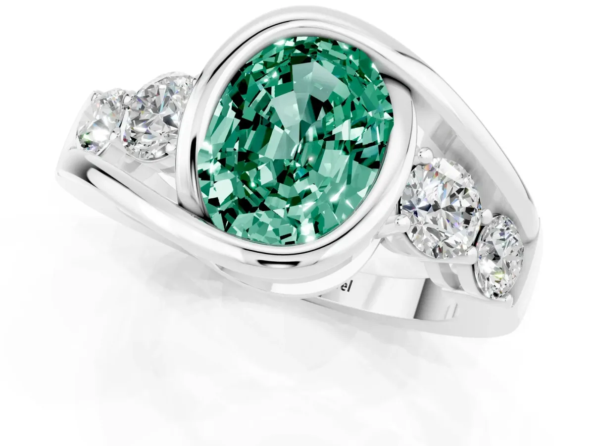 Bezel Set Oval Cut Green Sapphire Bypass Ring with Round Accents Silver