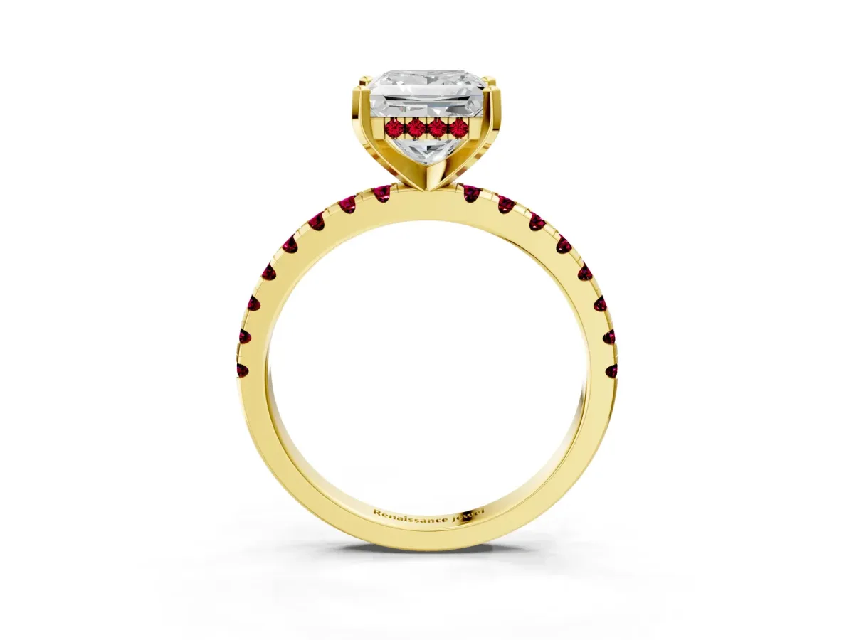 Princess Cut Diamond Solitaire Ring with Round Garnet Pavé Band and Four-Prong Setting Yellow gold